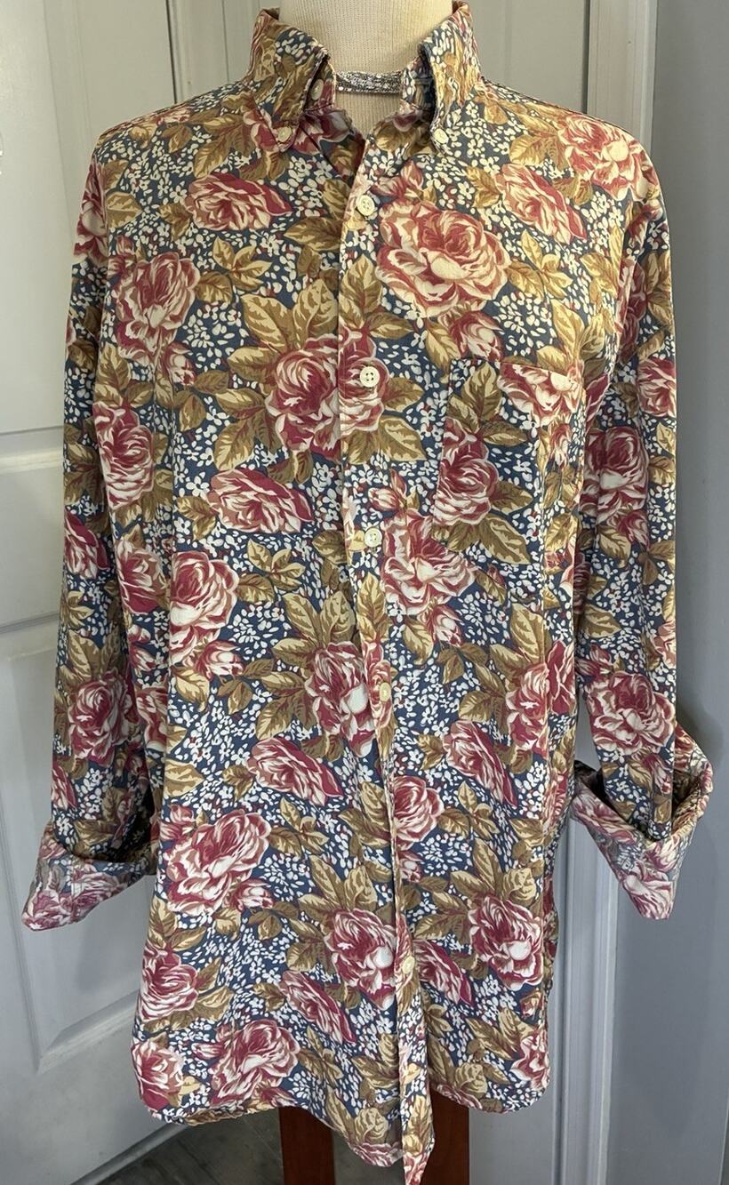 Vintage 90s Banana Republic Floral Rose Button Down Shirt L 100% Cotton Unisex